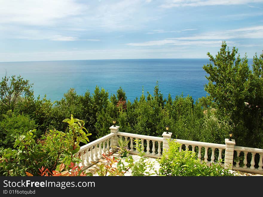 Adriatic sea landscape, view from stone terrace. Adriatic sea landscape, view from stone terrace