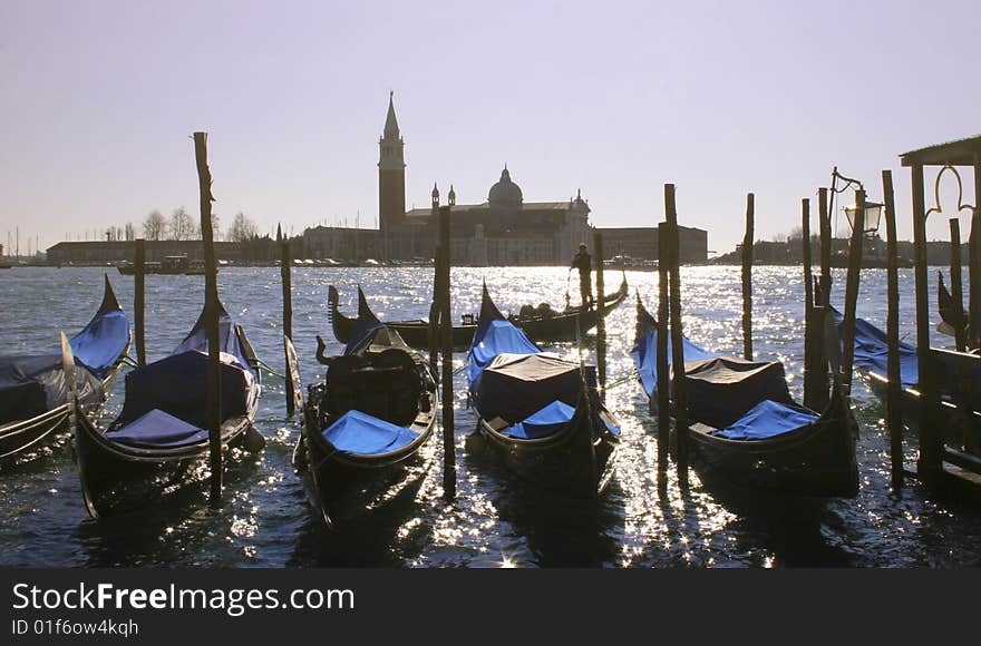 Gondolas in Venice with background of San Giorgio