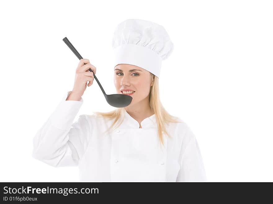 Woman chef tasting soup with spoon isolated on white