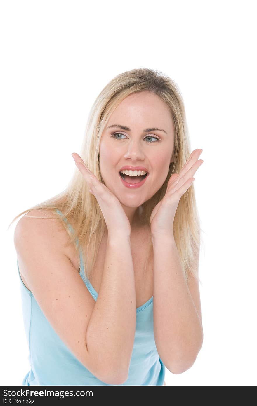 Woman in casualwear with surprised facial expression isolated on white. Woman in casualwear with surprised facial expression isolated on white