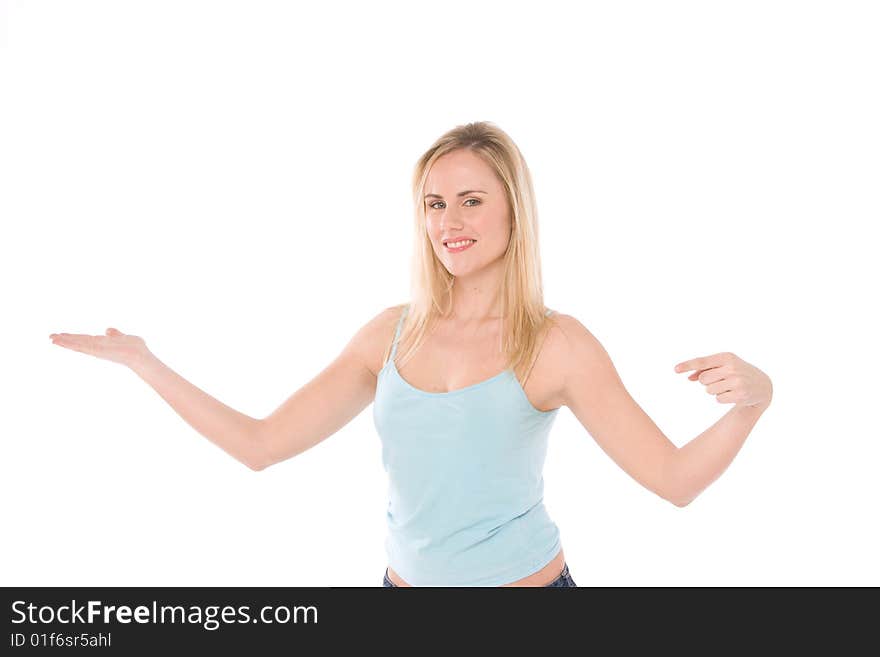 Woman with palms up isolated on white background. Woman with palms up isolated on white background