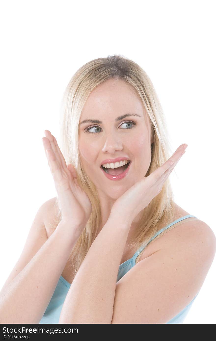 Woman with surprised facial expression isolated on white. Woman with surprised facial expression isolated on white