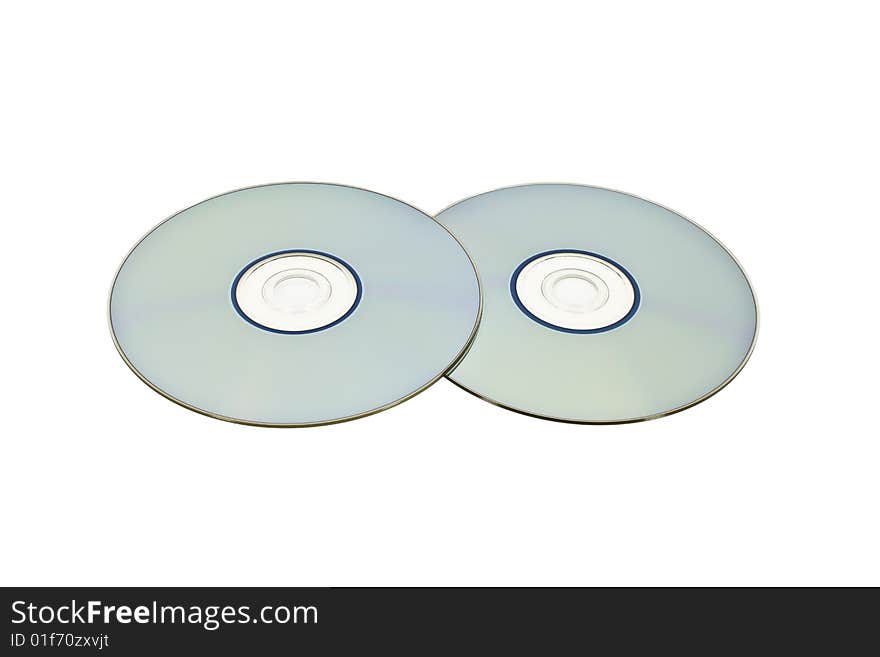 Two optical discs laid flat side by side isolated on white. Two optical discs laid flat side by side isolated on white