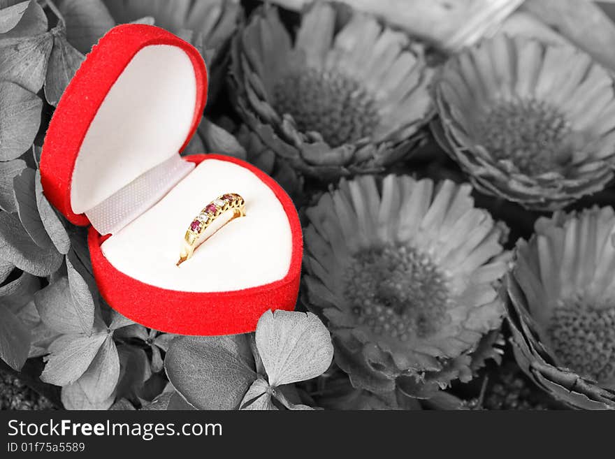 Valentine present ring in a desaturated flower background. Valentine present ring in a desaturated flower background