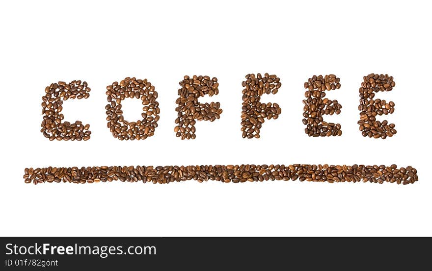 The word coffee made from coffee beans isolated at white