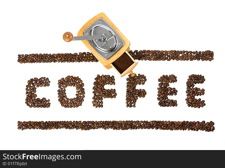 Hand coffee-grinder with a coffee word isolated at white