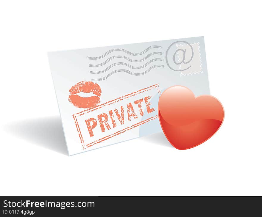 Love mail, envelope, heart and lipstick print.