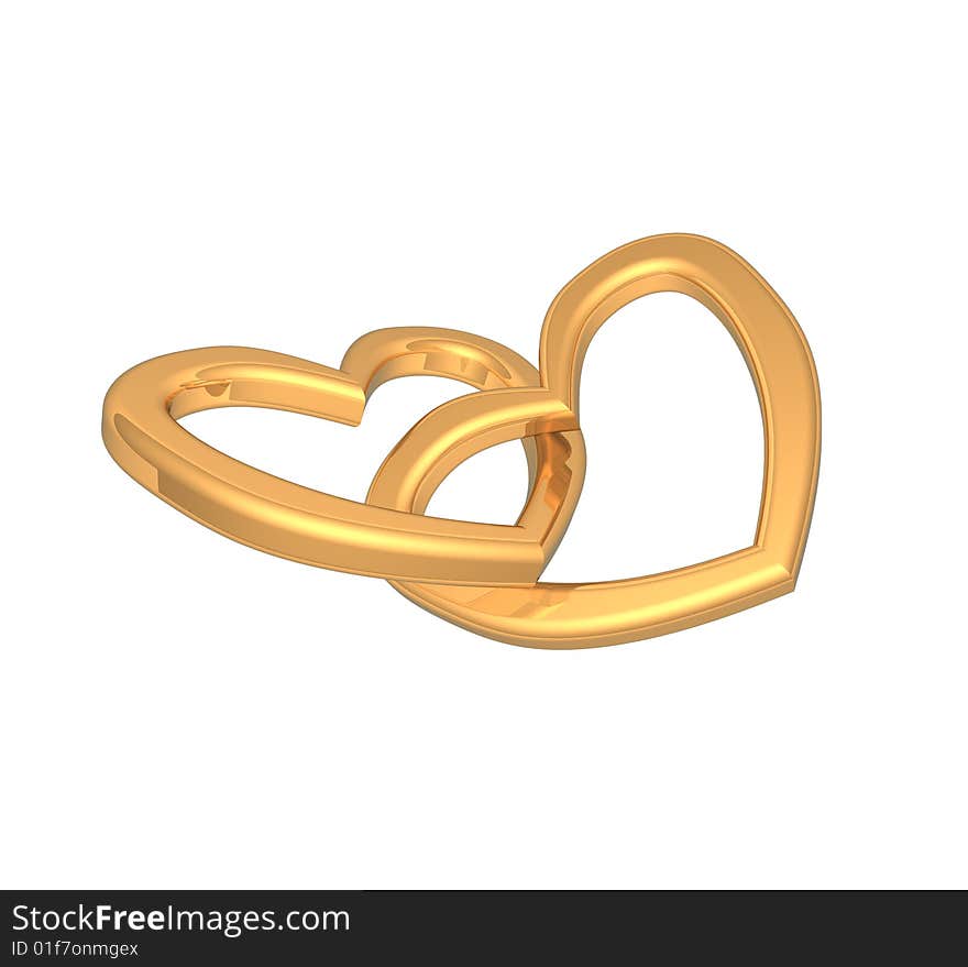 Two Joined Hearts Of Gold Isolated On White