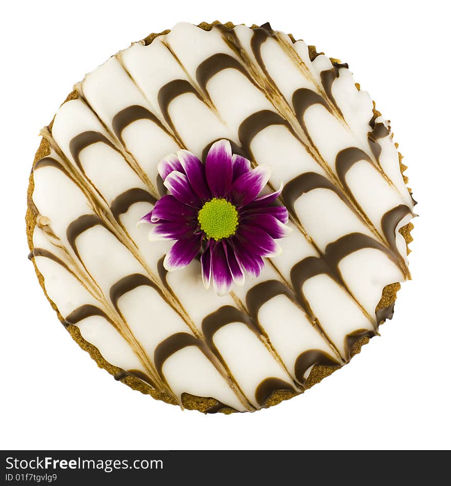 Baked cake with curvy icing and a purple flower on top, isolated on white.