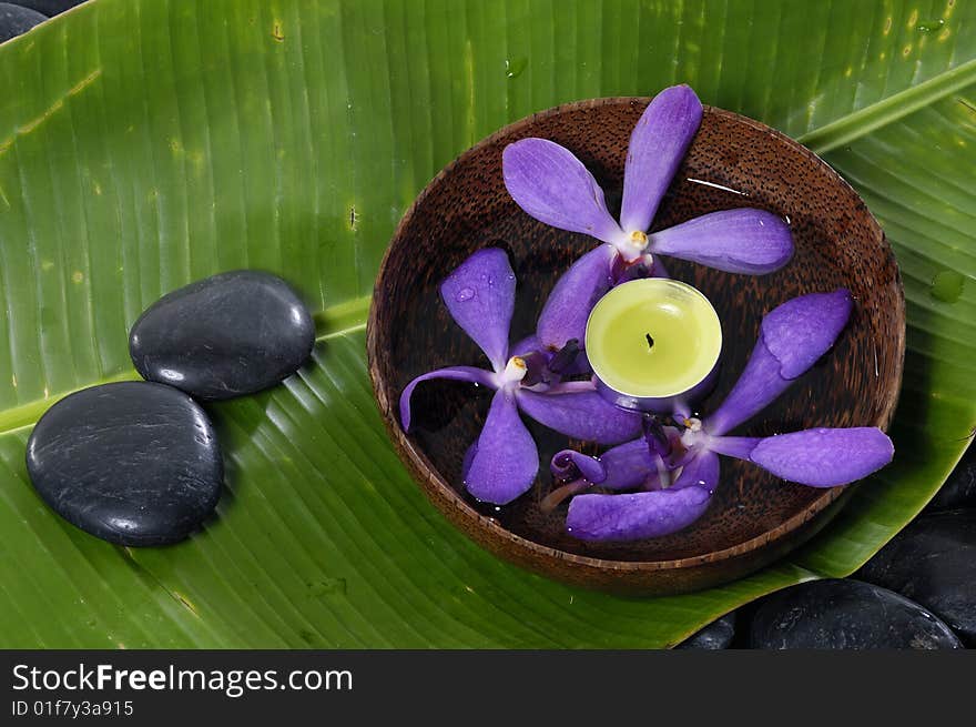 Orchid and stones on banana leaf. Orchid and stones on banana leaf