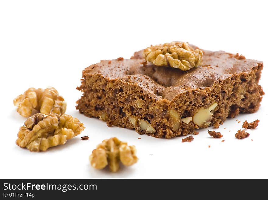 Hot chocolate brownie with walnuts and vanilla isolated