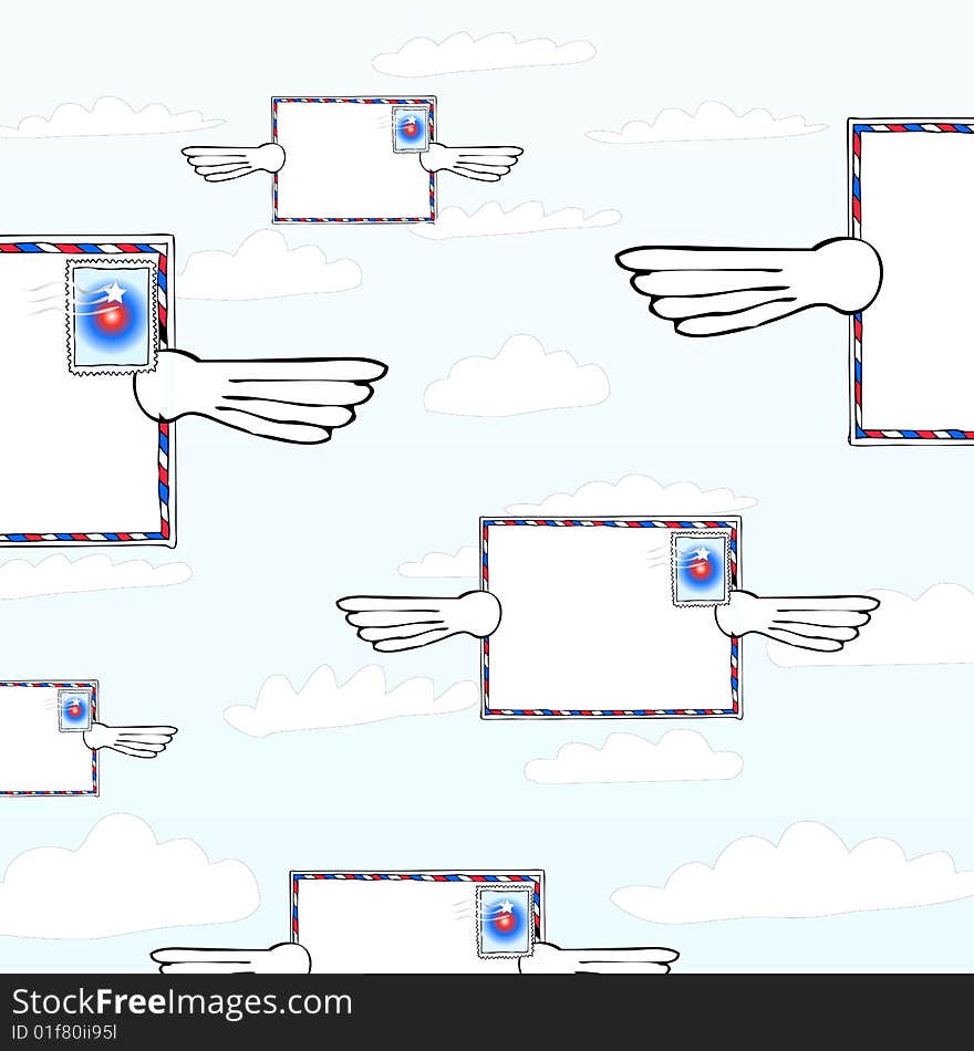 Airmail letters in transit fly through the sly with angel-like wings. Fully scalable vector illustration. Airmail letters in transit fly through the sly with angel-like wings. Fully scalable vector illustration.