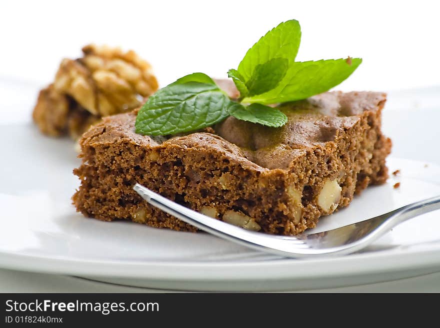 Hot chocolate brownie with walnuts and vanilla