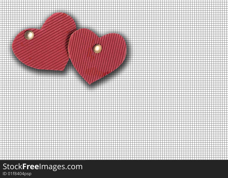 Two cardboard hearts of red color on background in a cell. Two cardboard hearts of red color on background in a cell.