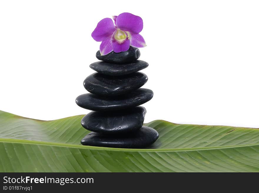 Pink Orchid and stones on banana leaf. Pink Orchid and stones on banana leaf