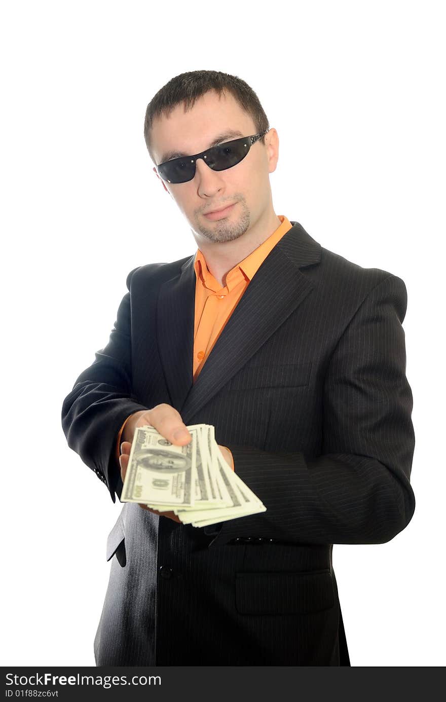 The guy in dark glasses transfers money. Isolate on white. The guy in dark glasses transfers money. Isolate on white.