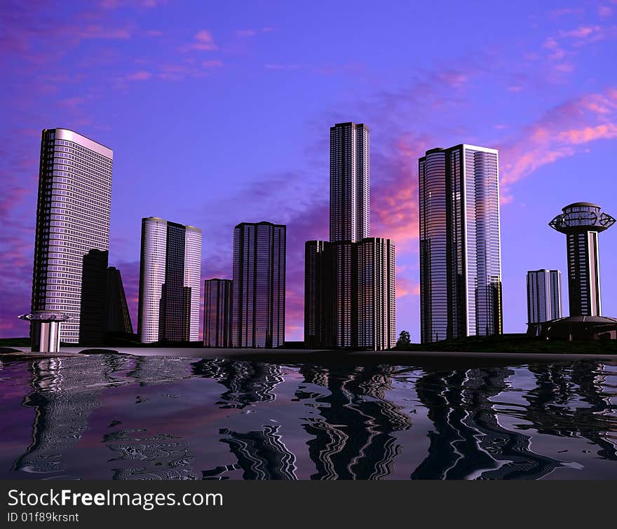 Skyscrapers of modern city on water