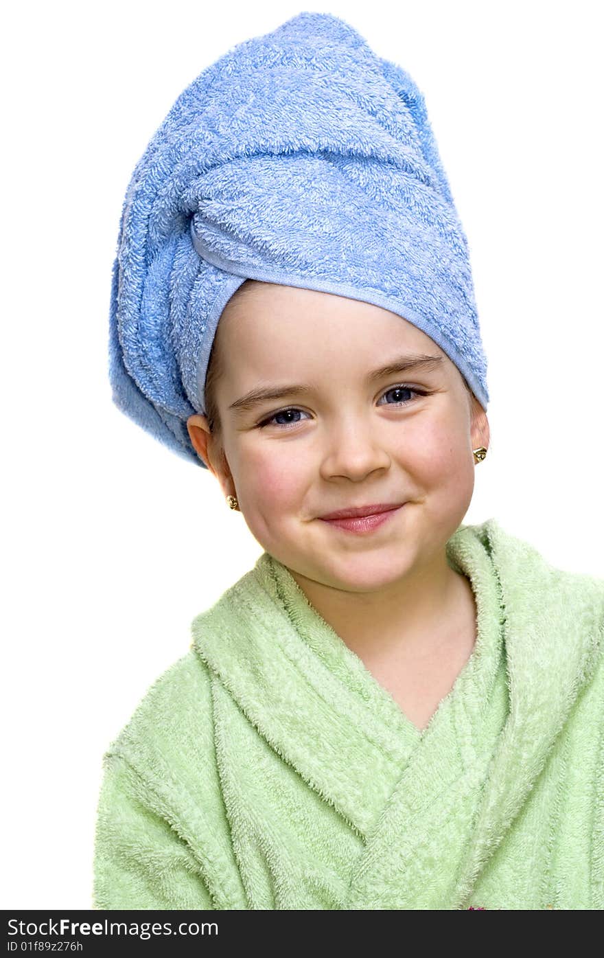 Close up of young attractive girl in bathrobe isolated on white background.