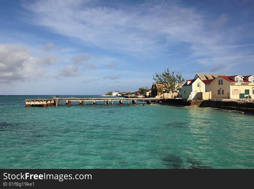 Tropical island town and blue ocean