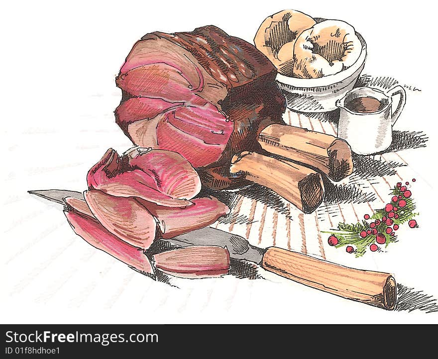 Illustration of Rib of Beef and trimmings.