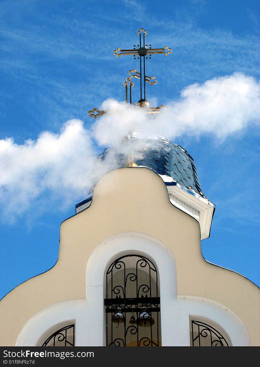 Church Crosses inside white cloud on blue sky background 13. Church Crosses inside white cloud on blue sky background 13