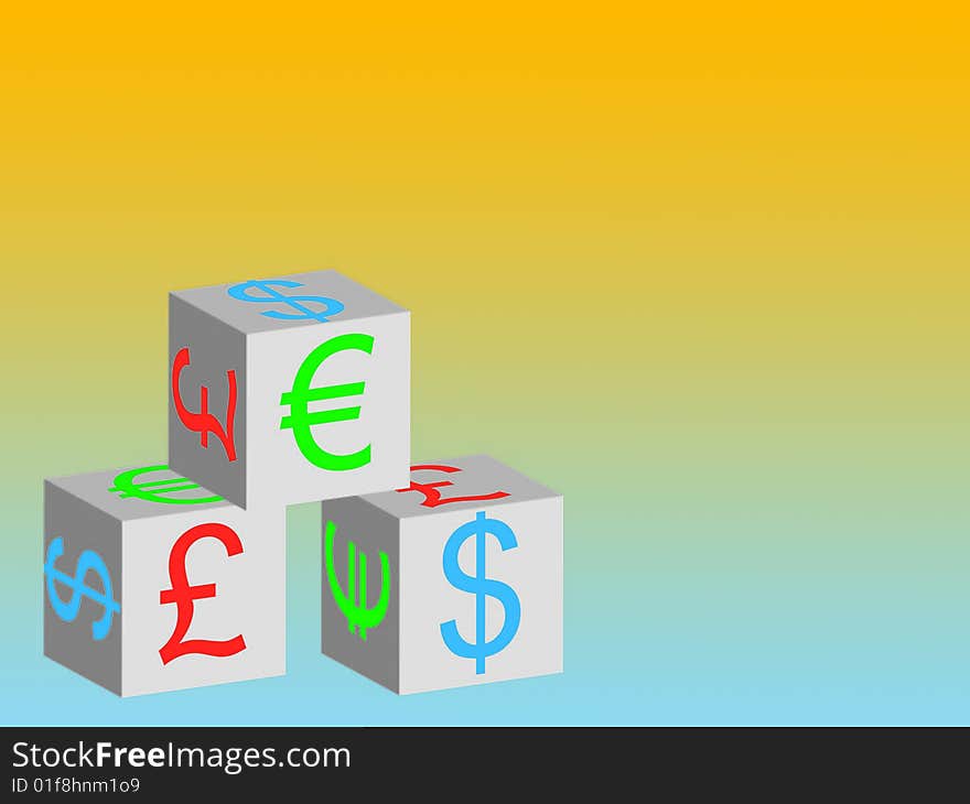 White boxes with currency symbols on yellow and blue. White boxes with currency symbols on yellow and blue