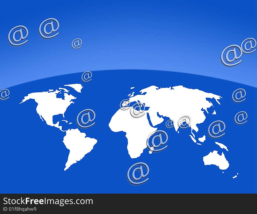 World ouline map overlaid with email symbols. World ouline map overlaid with email symbols