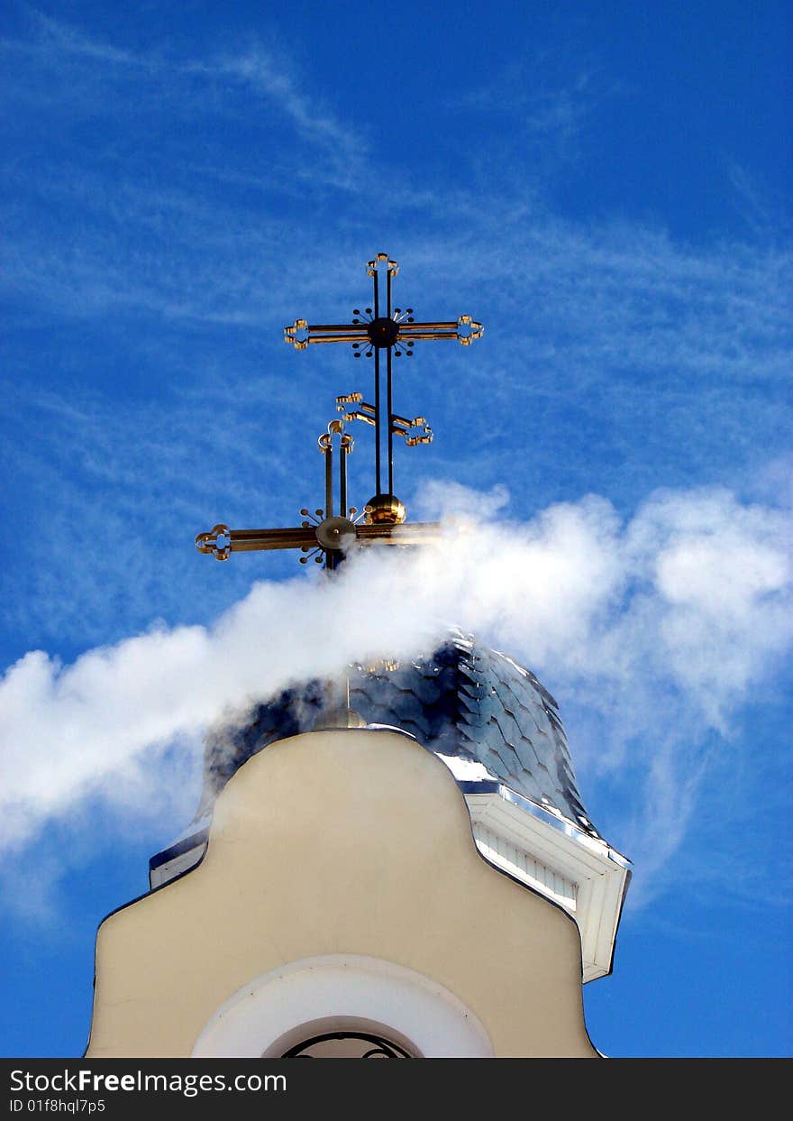 Church Crosses inside white cloud on blue sky background. Church Crosses inside white cloud on blue sky background