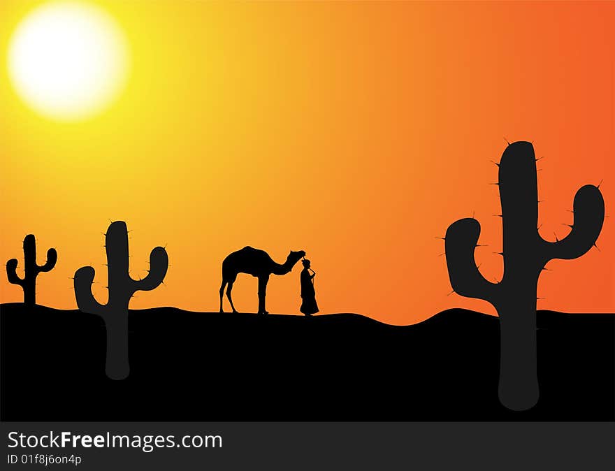 Man with camel in the desert, vector illustration. Man with camel in the desert, vector illustration