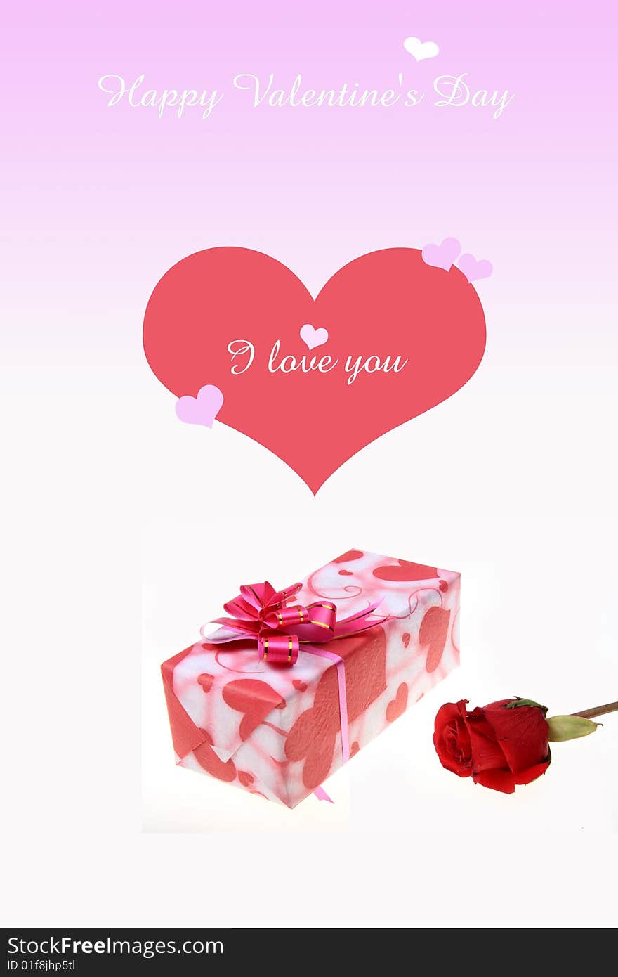 Roses with gift box on white and pink background.In addition, there are a beautiful red heart.