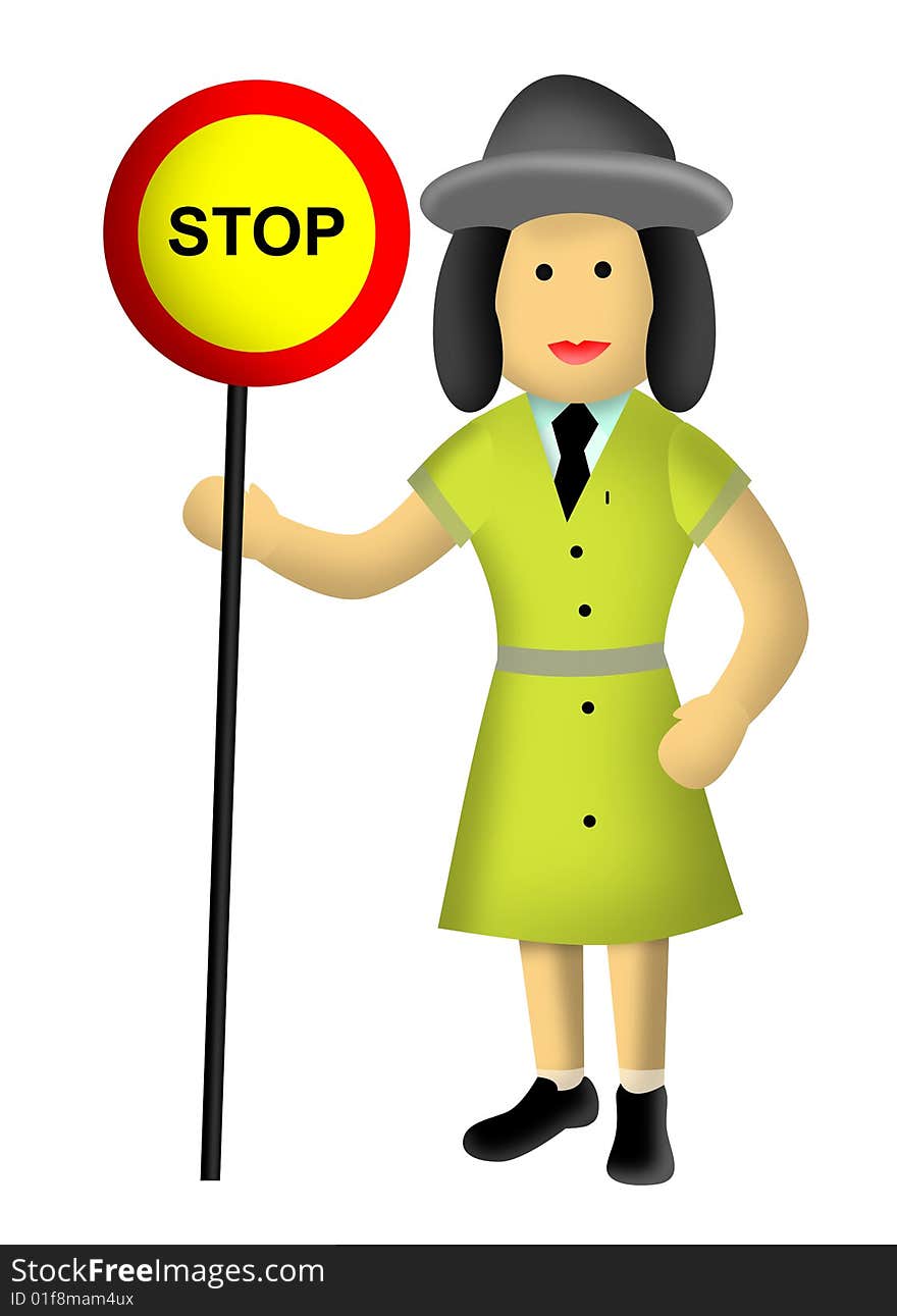 Illustration of a woman with a stop sign for children crossing isolated on white background. Illustration of a woman with a stop sign for children crossing isolated on white background