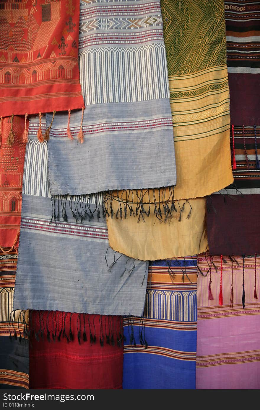 Traditional Thai motley scarfs selling on the market. Traditional Thai motley scarfs selling on the market