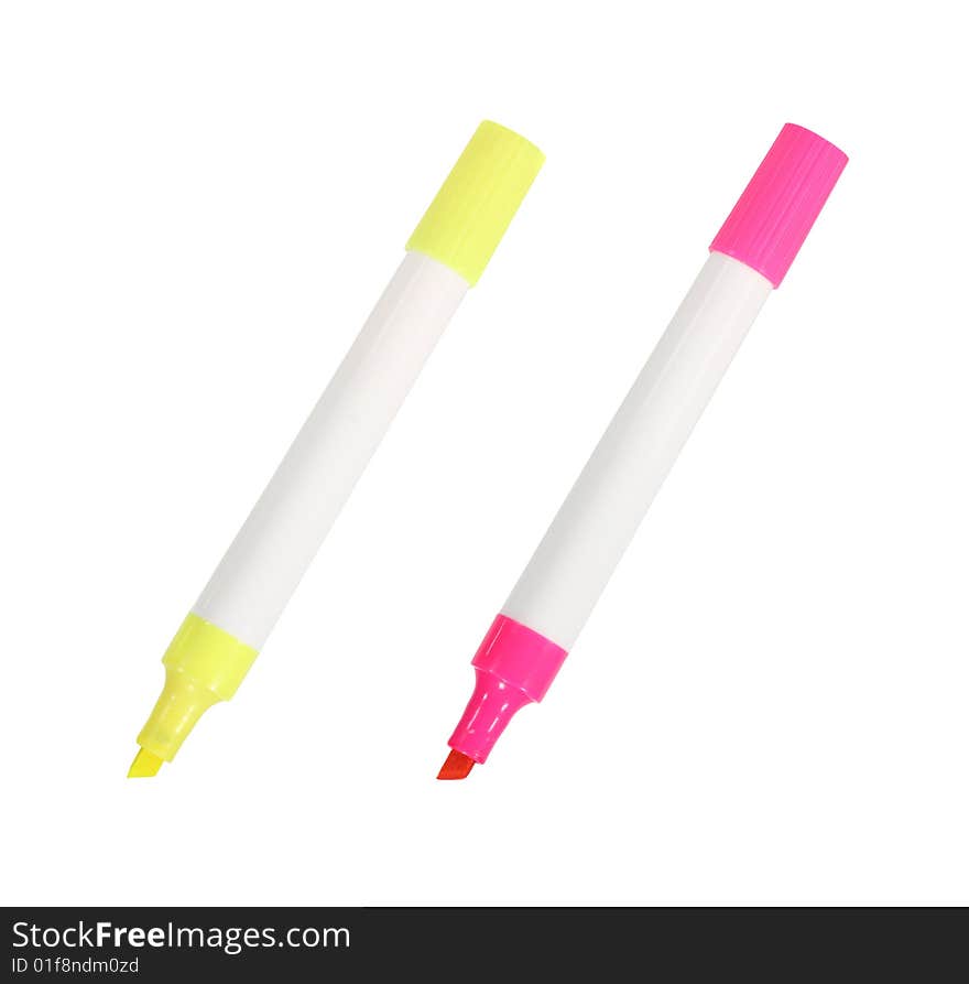 Yellow and pink highlighters isolated on white