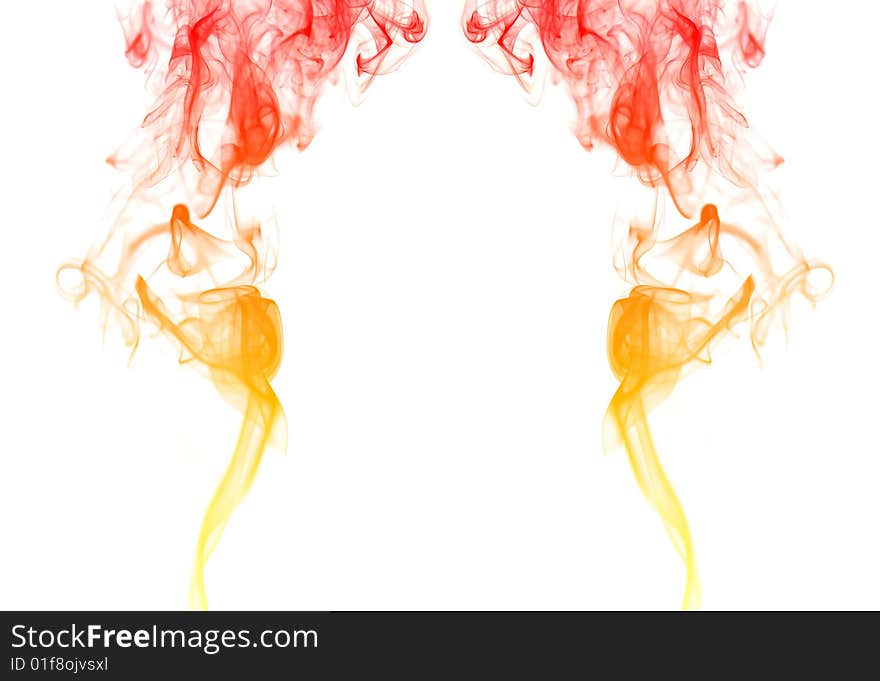 Colored smoke curves in mirror on white background. Colored smoke curves in mirror on white background