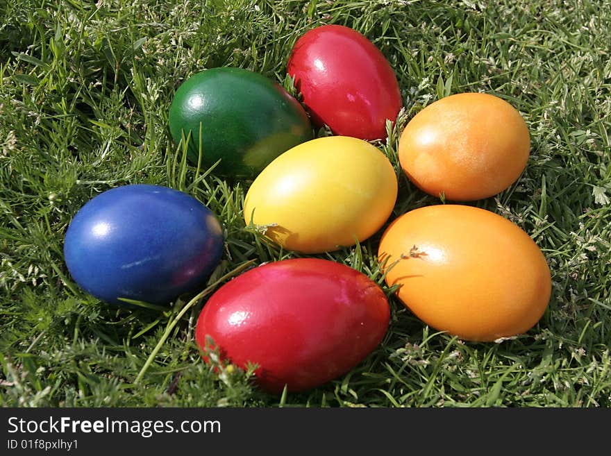 Easter eggs with different color on the grass