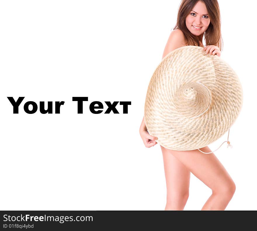 Sexy girl. Being covered with the big hat. Isolated on white background