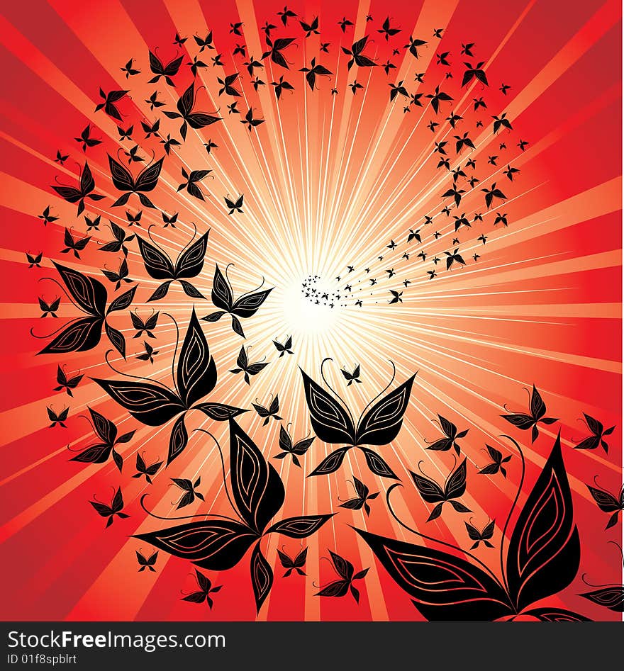 Red background with butterfly swarm flying to the sunset