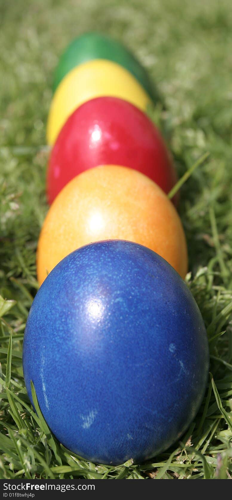 Easter eggs on a line with different color on the grass