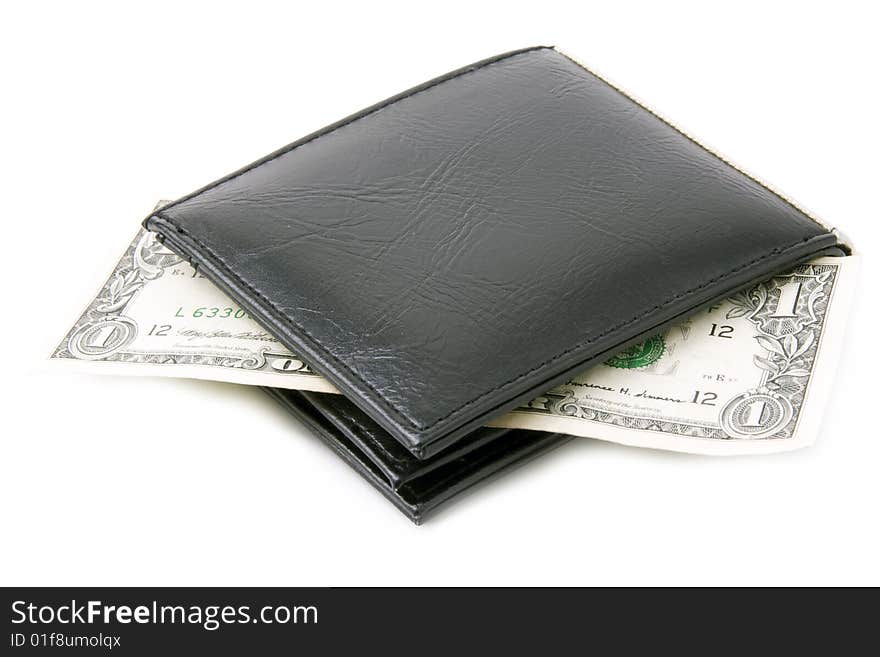 Black leather wallet with dollar on a white background