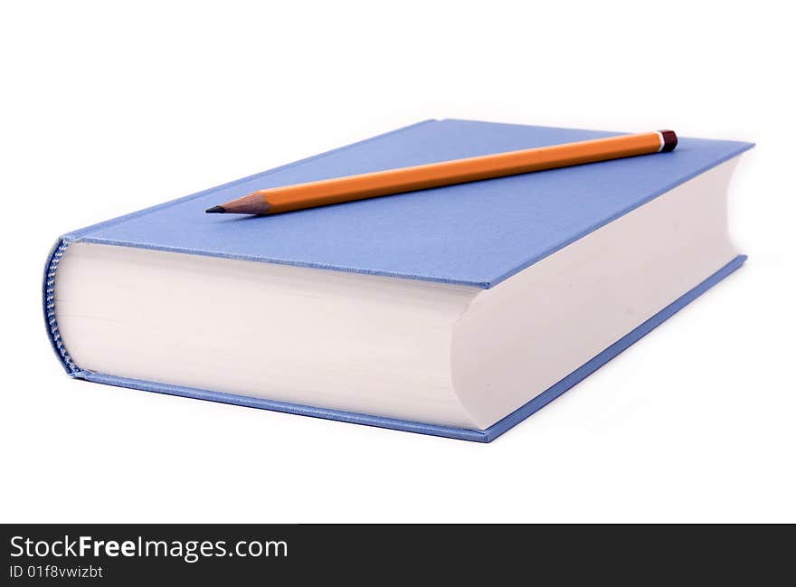 Blue book with pencil on a white background