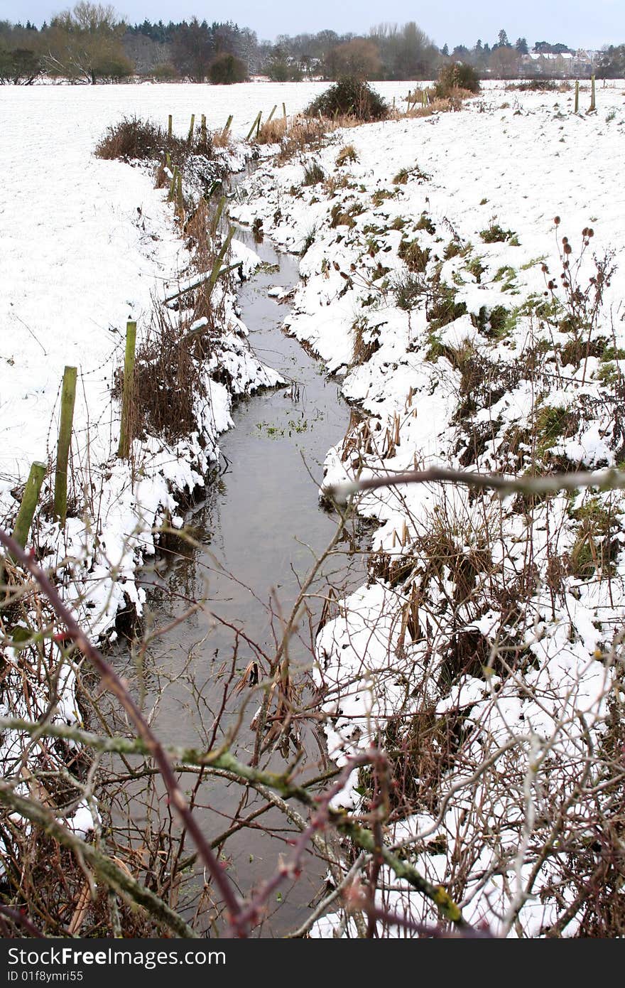 Snow in the woods, a fence, and a fallen tree. Snow in the woods, a fence, and a fallen tree