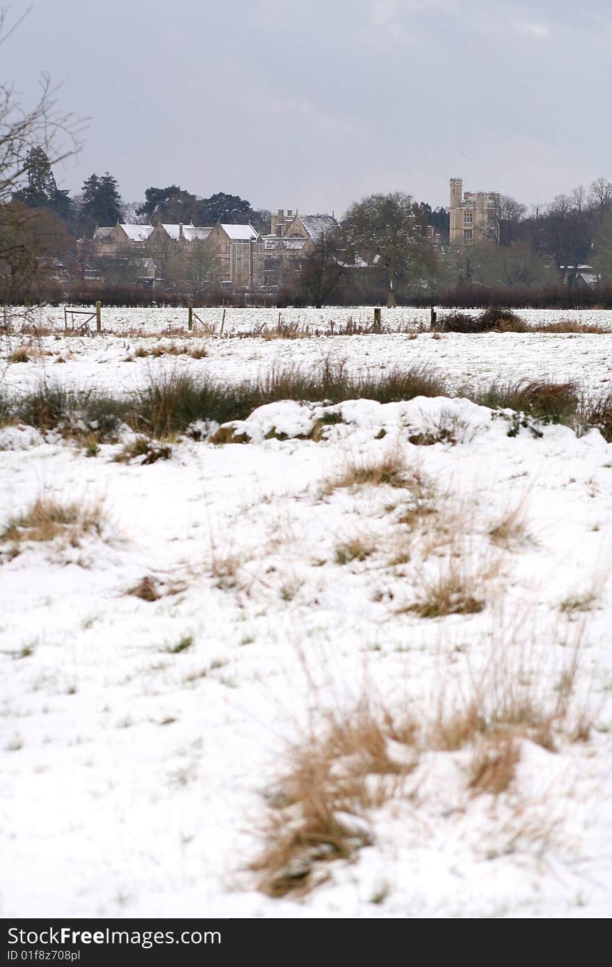 Snowy fields leading to the manor house. Snowy fields leading to the manor house