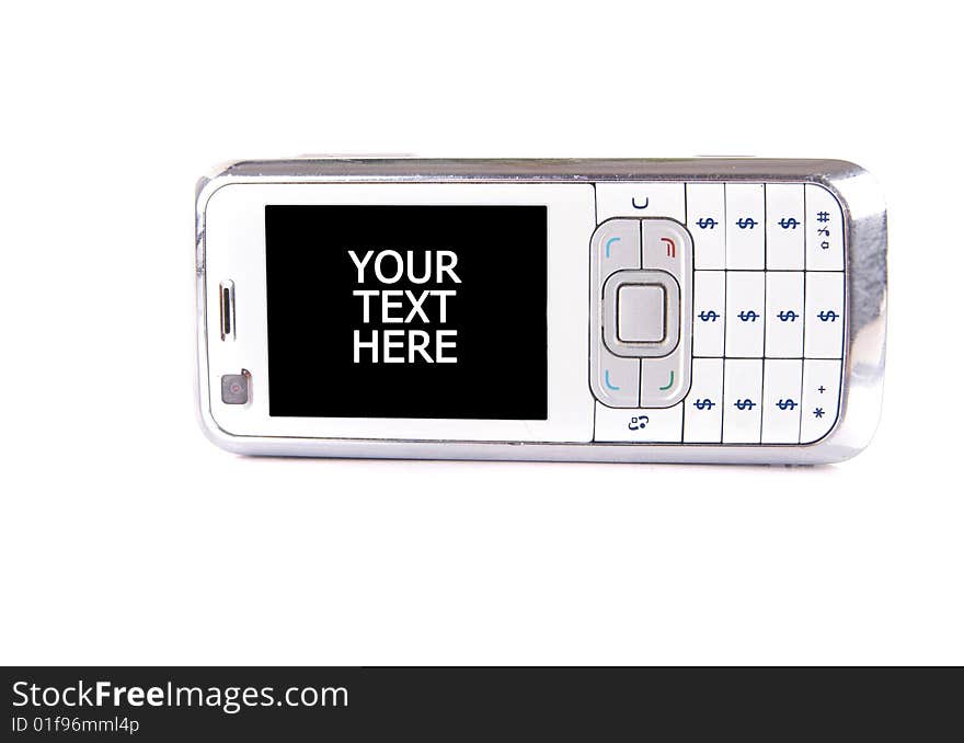 Isolated shot of a white cell phone. The phone's keys have been replaced by Euro buttons. Lot of copyspace. Isolated shot of a white cell phone. The phone's keys have been replaced by Euro buttons. Lot of copyspace.