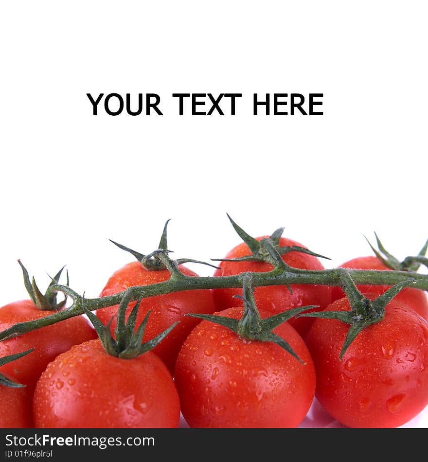 Macroshot of a bunch of tomatoes with drops of water. Isolated over white background. Lot of copyspace. Macroshot of a bunch of tomatoes with drops of water. Isolated over white background. Lot of copyspace.