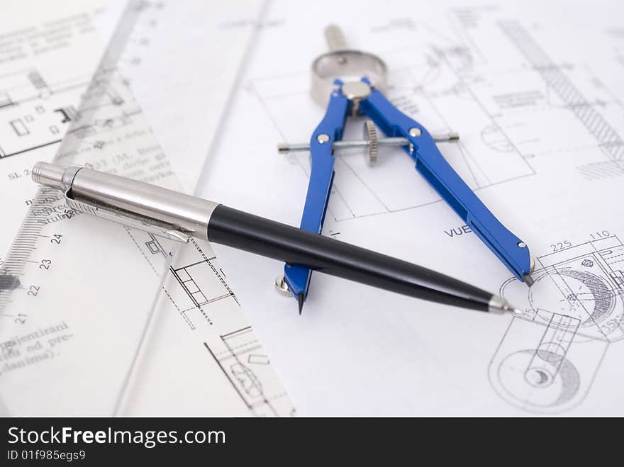 Ruler and pen on a technical drawing