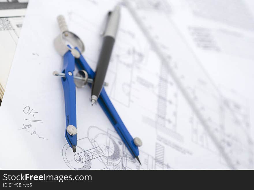 Technical drawing with ruler and pen. Technical drawing with ruler and pen