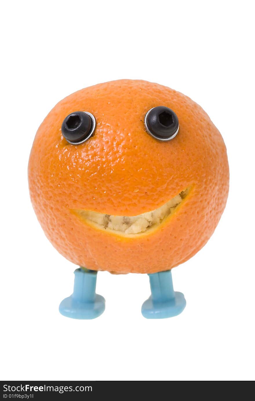 Orange with a face and legs. Orange with a face and legs