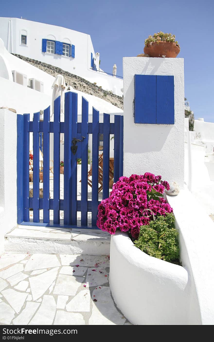 The blue gate on the Santorini island