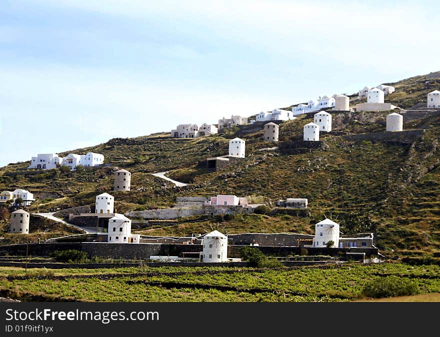 Hill with mills on Santorini island