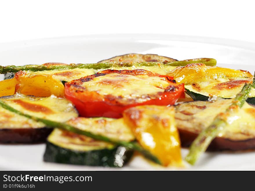 BBQ Eggplant and Tomato under Sabayon Suace with Fried Green Asparagus